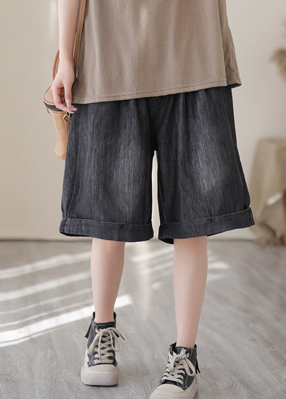 Dark Blue Elastic Waist Cotton Denim Shorts Summer