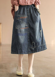 Dark Blue Elastic Waist Embroidered Cotton Denim Ripped Skirts Summer