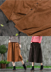 Dark Brown Corduroy Skirts Elastic Waist Button Solid Winter