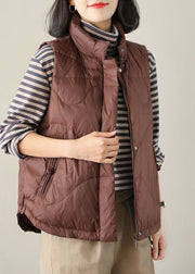 Dark Chocolate Duck Down Vest Tops Stand Collar Pockets Zip Up Winter