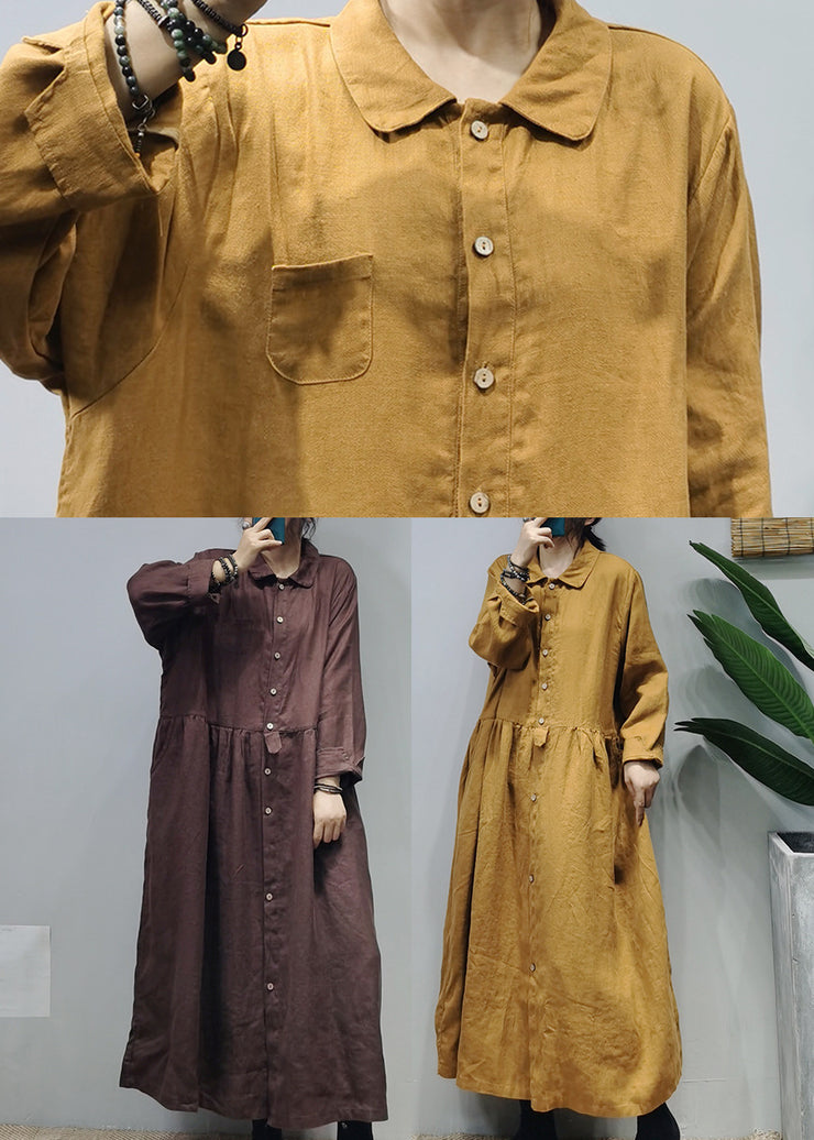 Dark Chocolate Linen Long Dress Cinched Extra large hem Long Sleeve