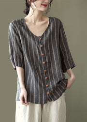 Dark Gray V Neck Button Linen Shirts Half Sleeve