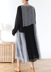 Dark Grey Loose Chiffon Long Dress Wrinkled Asymmetrical Long Sleeve