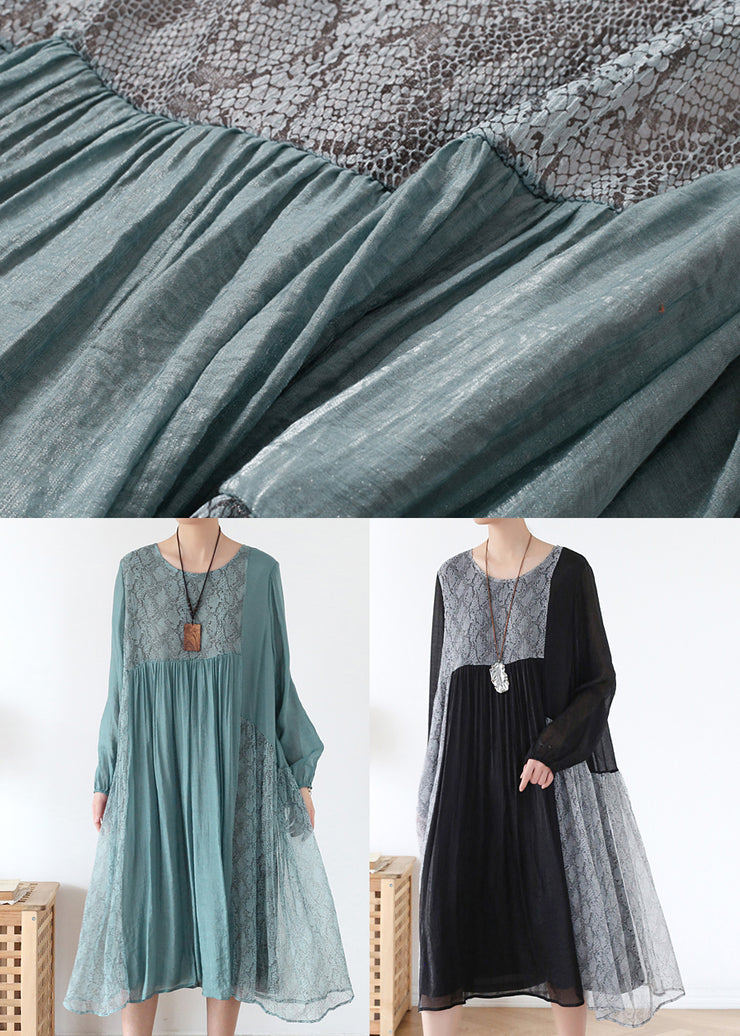 Dunkelgraues, lockeres, langes Kleid aus Chiffon, faltig, asymmetrisch, mit langen Ärmeln