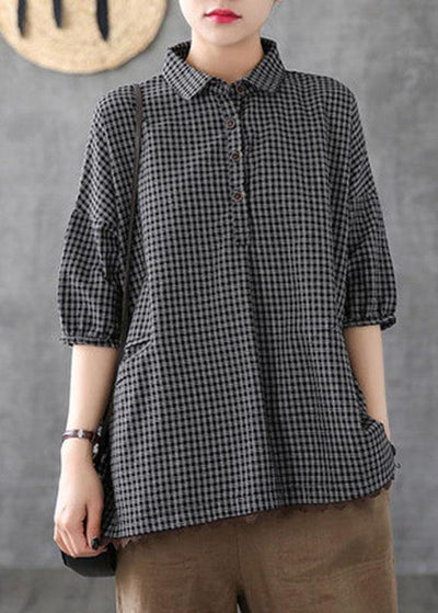 Dark Grey Peter Pan Collar Button Pockets Fall Plaid Half Sleeve Top - bagstylebliss