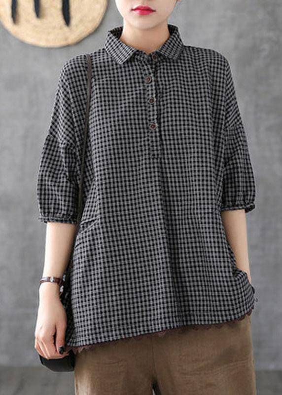 Dark Grey Peter Pan Collar Button Pockets Fall Plaid Half Sleeve Top - bagstylebliss