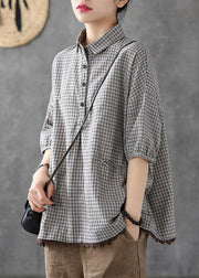 Dark Grey Peter Pan Collar Button Pockets Fall Plaid Half Sleeve Top - bagstylebliss