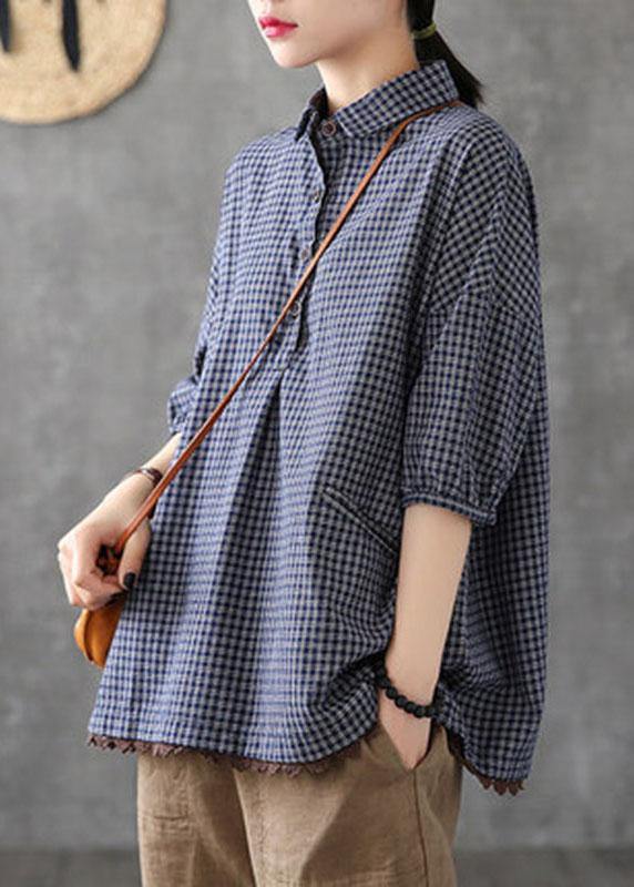 Dark Grey Peter Pan Collar Button Pockets Fall Plaid Half Sleeve Top - bagstylebliss