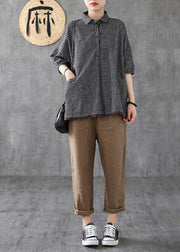 Dark Grey Peter Pan Collar Button Pockets Fall Plaid Half Sleeve Top - bagstylebliss