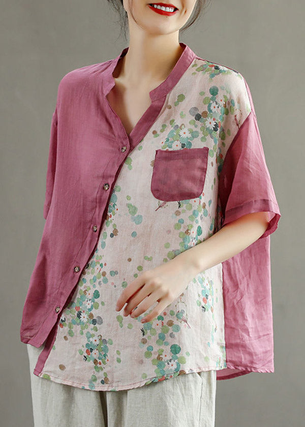 Deep Pink Patchwork Shirt Tops Button Pockets Short Sleeve