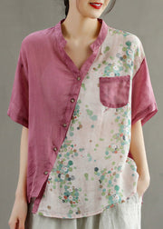 Deep Pink Patchwork Shirt Tops Button Pockets Short Sleeve