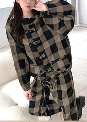 Deep Coffee Plaid Warm Fleece Zweiteiler Outfit O-Neck Button Spring