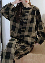 Deep Coffee Plaid Warm Fleece Zweiteiler Outfit O-Neck Button Spring