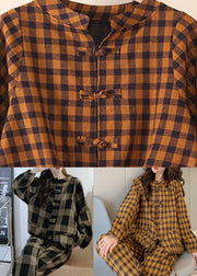 Deep Coffee Plaid Warm Fleece Zweiteiler Outfit O-Neck Button Spring