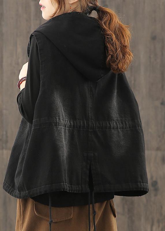 Denim Black Waistcoat 2021 Autumn Loose Large Size Tooling Double Breasted Hooded Vest - bagstylebliss