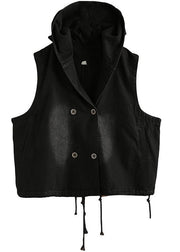 Denim Black Waistcoat 2021 Autumn Loose Large Size Tooling Double Breasted Hooded Vest - bagstylebliss