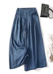 Denim Blue Linen Wide Leg Pants Pockets High Waist Summer