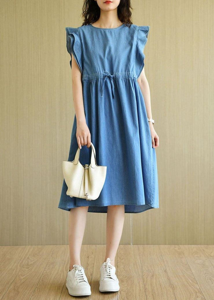 Denim Blue Loose Butterfly Sleeve Summer Cotton Dress - bagstylebliss