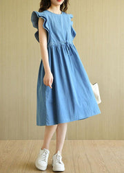 Denim Blue Loose Butterfly Sleeve Summer Cotton Dress - bagstylebliss