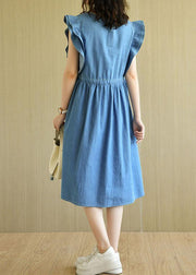 Denim Blue Loose Butterfly Sleeve Summer Cotton Dress - bagstylebliss