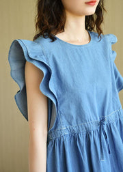 Denim Blue Loose Butterfly Sleeve Summer Cotton Dress - bagstylebliss