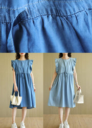 Denim Blue Loose Butterfly Sleeve Summer Cotton Dress - bagstylebliss