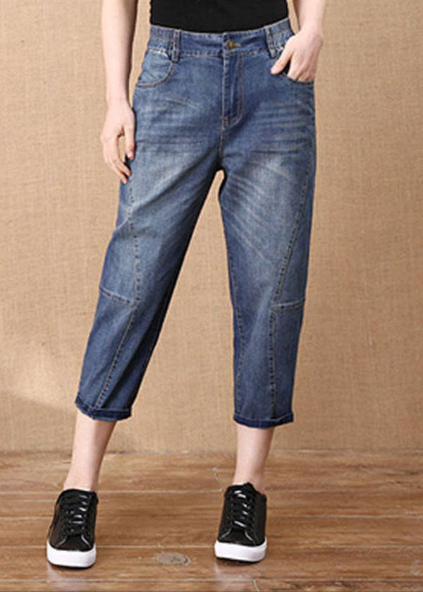 Denim Blue Patchwork Cotton Crop Pants Elastic Waist Pockets Summer