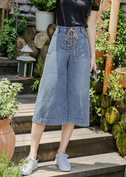 Denim Blue Pockets Cotton Wide Leg Crop Pants High Waist Cross Tie Waist Summer