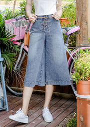 Jeansblau Taschen Baumwolle Weites Bein Crop Hose Hohe Taille Kreuzbindung Taille Sommer