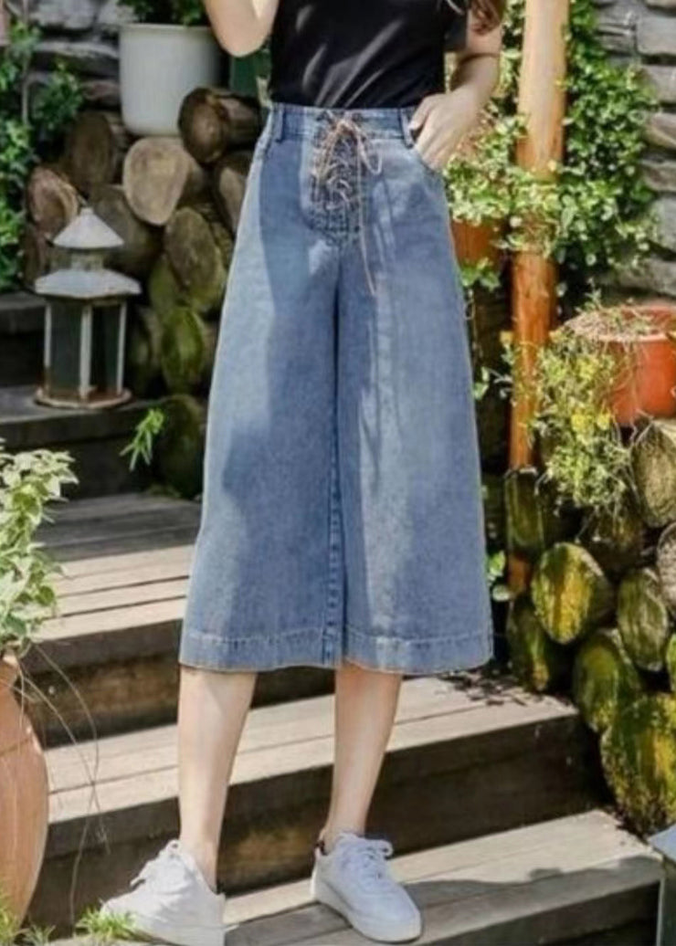 Denim Blue Pockets Cotton Wide Leg Crop Pants High Waist Cross Tie Waist Summer