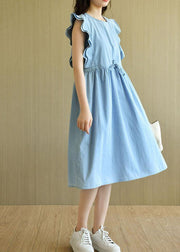 Denim Light Blue O-Necktie Waist Summer Cotton Dresses Sleeveless - bagstylebliss