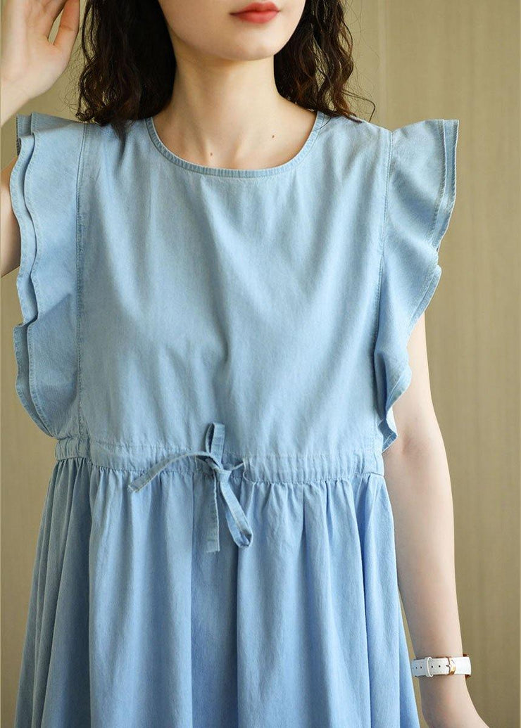 Denim Light Blue O-Necktie Waist Summer Cotton Dresses Sleeveless - bagstylebliss