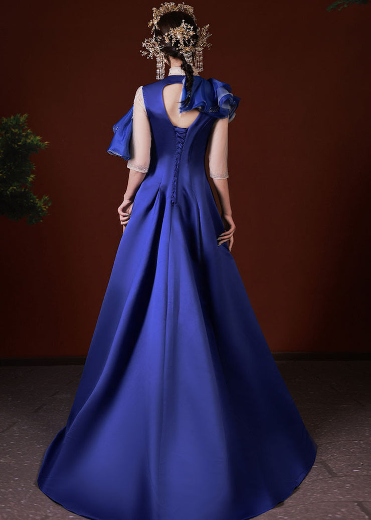 Dinner Blue Turtleneck Asymmetrical Ruffled Tulle Patchwork Silk Vacation Long Dresses Summer