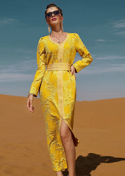 Dinner Yellow O-Neck Floral Slim Lace Maxi Dresses Long Sleeve