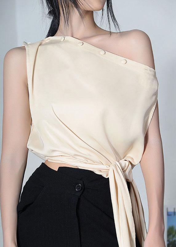 Diy Beige One Shoulder Asymmetrical design Blouses silk Summer - bagstylebliss