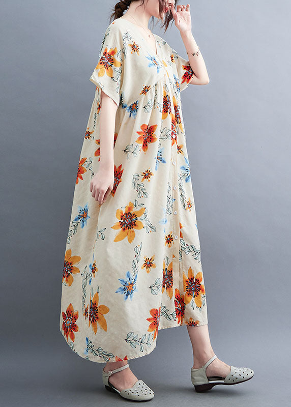 Diy Beige V Neck Wrinkled Print Cotton Long Dress Short Sleeve