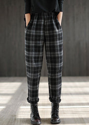 Diy Black Elastic Waist Pockets Plaid Warm Fleece Pants Winter