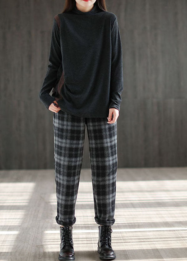 Diy Black Elastic Waist Pockets Plaid Warm Fleece Pants Winter