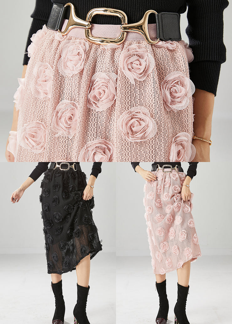 Diy Black High Waist Three-dimensional Floral Knit Skirt Fall