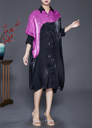 Diy Black Oversized Patchwork Silk Maxi Dress Batwing Sleeve