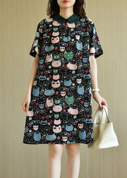 Diy Black Peter Pan Collar Zippered Cat Print Chiffon Mid Dress Short Sleeve