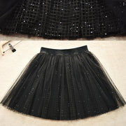 Diy Black Sequins Hollow Out tulle Pleated Skirt Summer