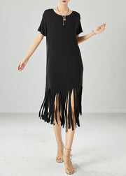 Diy Black Tasseled Slim Fit Cotton Long Dress Summer