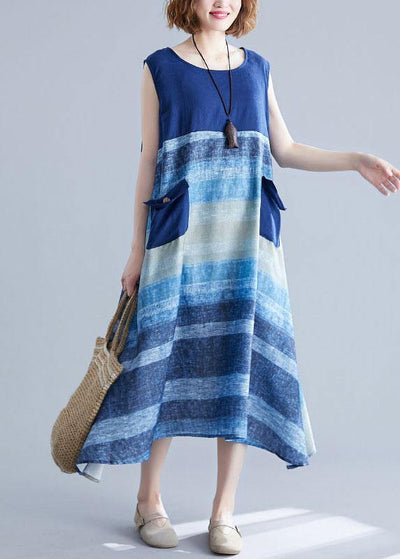 Diy Blue Patchwork Striped O-Neck Summer Cotton Dress - bagstylebliss