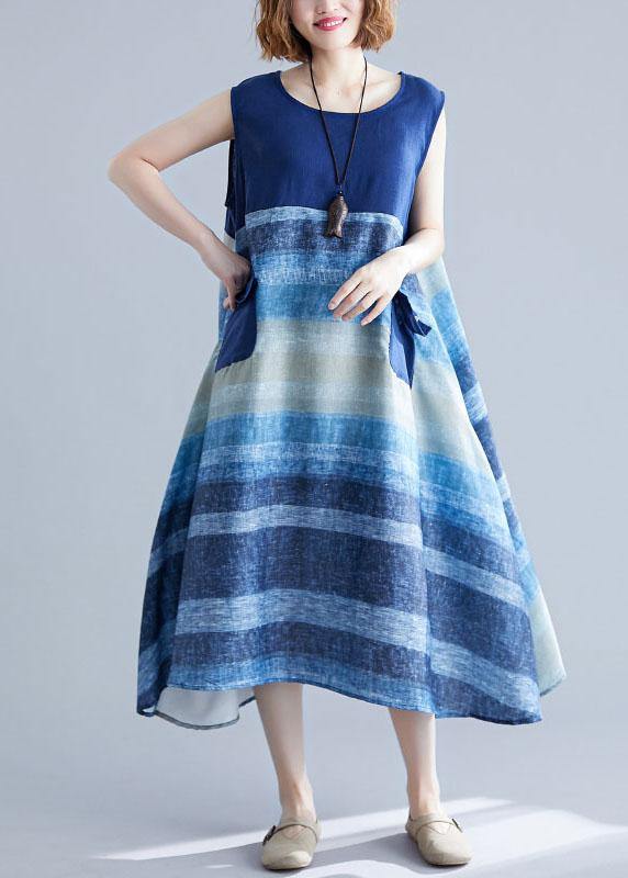 Diy Blue Patchwork Striped O-Neck Summer Cotton Dress - bagstylebliss