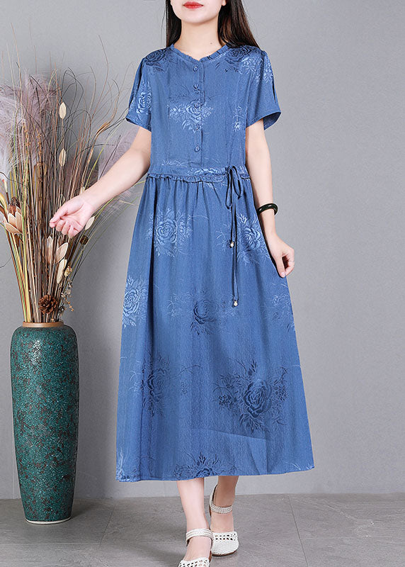 Diy Blue Ruffled Tie Waist Jacquard Silk Long Dress Short Sleeve