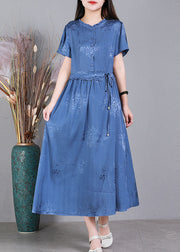 Diy Blue Ruffled Tie Waist Jacquard Silk Long Dress Short Sleeve