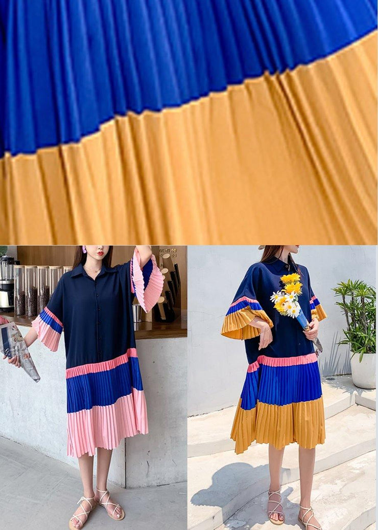 Diy Blue Yellow Patchwork Turn-down Collar Summer Holiday Dress - bagstylebliss