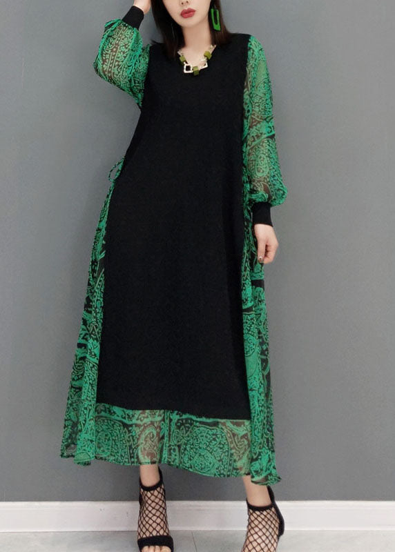 Diy Green O-Neck Tie Taille Lace Patchwork Knit Dress Spring