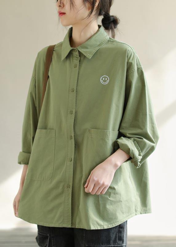 Diy Green Smiling Face Tunic Lapel Pockets Baggy Spring Shirts - bagstylebliss